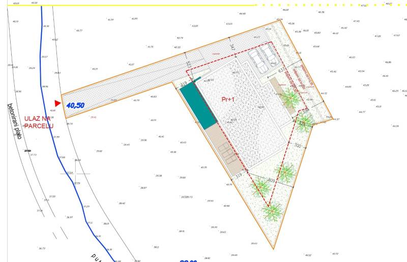Architektonický plán vily ve městě Vodice s plánovaným uspořádáním a umístěním pozemku.