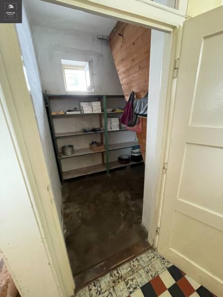 Spíž v rodinném domě s regály, otevřeným oknem a dřevěným obkladem stěny.