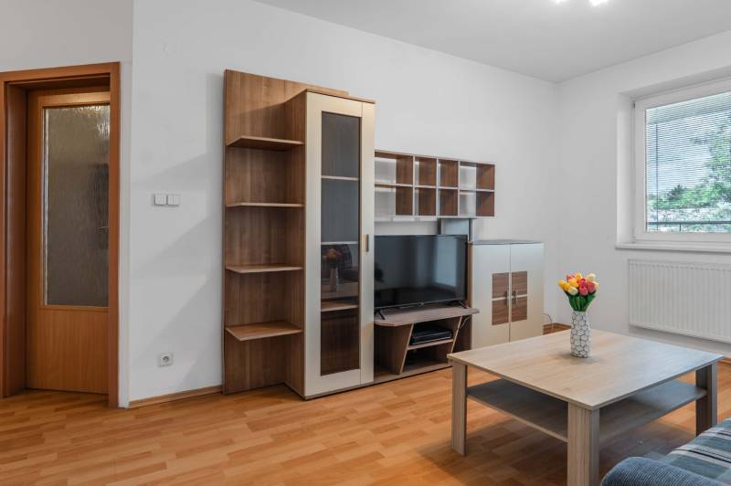 Obývací pokoj v 2pokojovém bytě s dřevěným nábytkem, televizí a konferenčním stolkem.