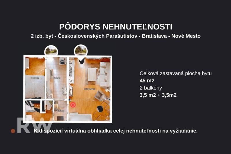 Půdorys 2-pokojového bytu na Československých parašutistů, Bratislava - Nové Město, 45 m², 2 balkóny.