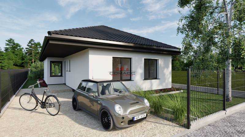 Rodinný dům s autem a kolem stojí na ulici Pánská niva, moderní design.
