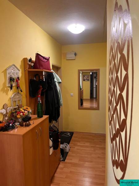 Chodba v 3-pokojovém bytě se skříní, věšákem a zrcadlem, stěny jsou žluté.