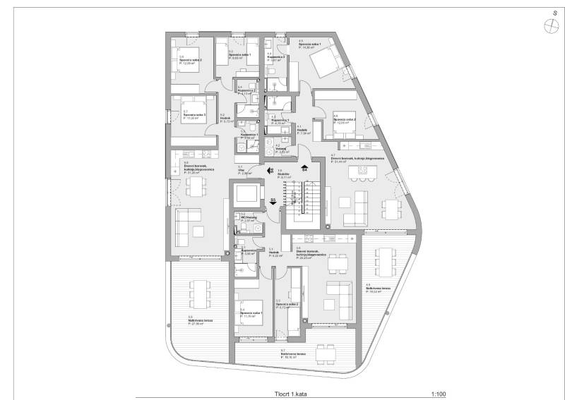 Půdorys 3-pokojových bytů s terasami a místnostmi v moderním apartmánovém komplexu.