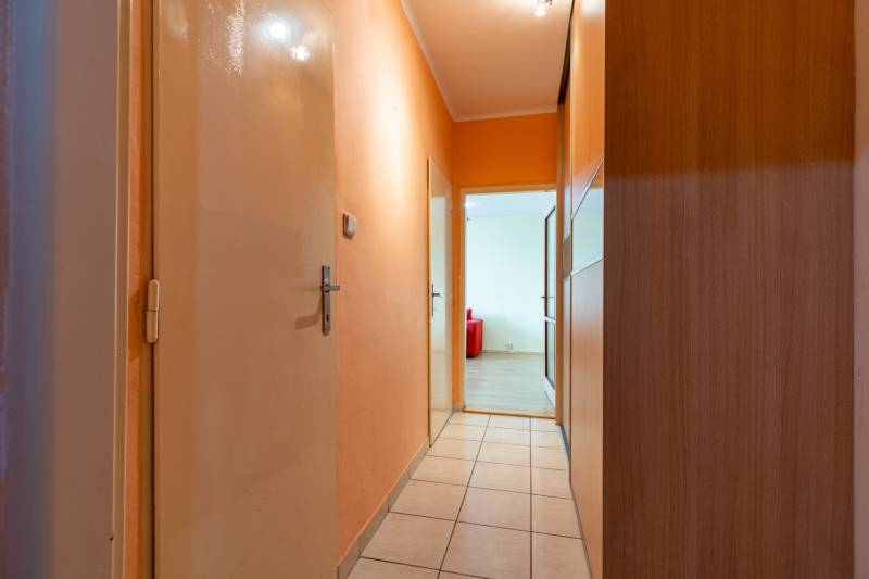 Chodba s oranžovými stěnami, dlažbou a dveřmi do pokoje v 1-pokojovém bytě.