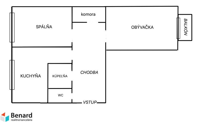Půdorys 2-pokojového bytu zahrnuje kuchyň, obývací pokoj, ložnici a balkon.