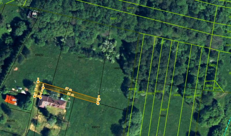 Mapa pozemků ve Velké Lehotě s hranicemi parcel Rekreačních pozemků.
