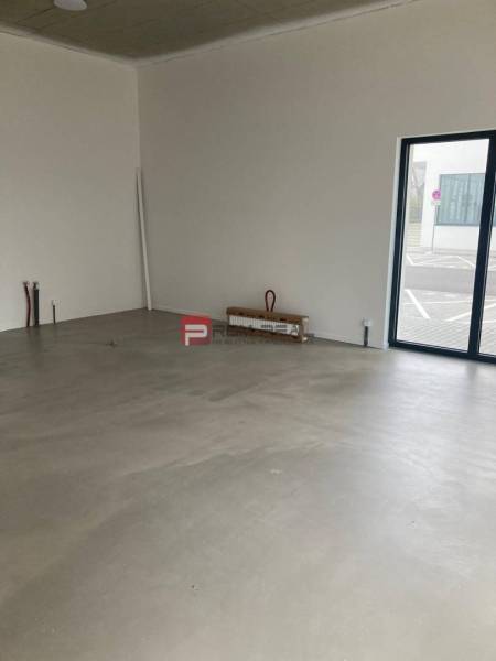 Nezařízené obchodní prostory s velkými okny a betonovou podlahou.