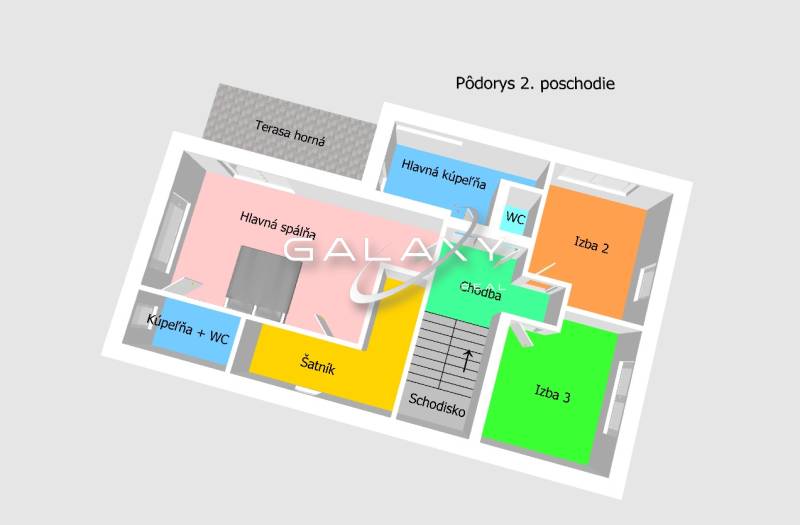 Půdorys druhého patra rodinného domu: hlavní ložnice, pokoje, koupelny, chodba, terasa.