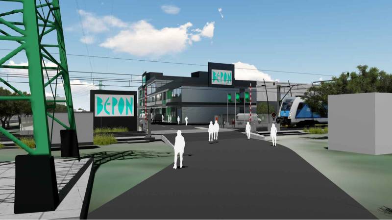 Počítačová vizualizace komerčních pozemků na Panónské cestě, Bratislava - Petržalka, se železnicí.