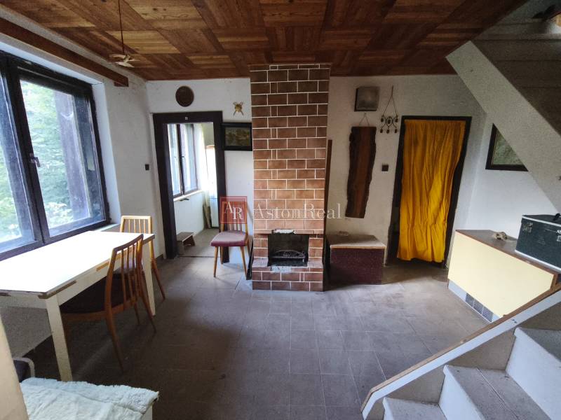 Obývací prostor v chatě s krbem, jednoduchým nábytkem a podlahou s dřevěným dekorem.