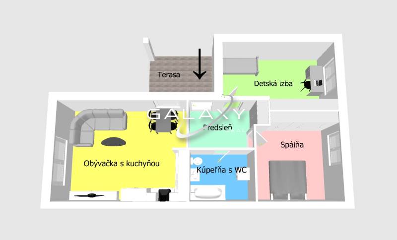 Půdorys rodinného domu s obývacím pokojem, kuchyní, ložnicí, dětským pokojem a koupelnou.