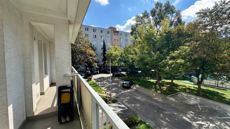 Balkon s výhledem na parkoviště a zeleň ve 3pokojovém bytě na Měsíční ulici.