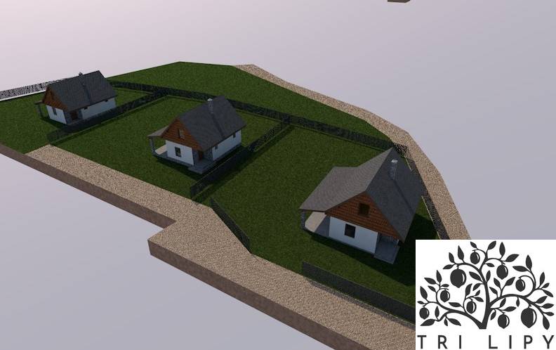 Vizualizace rekreačních pozemků v Oščadnici se samostatnými domy a logem Tri Lipy.