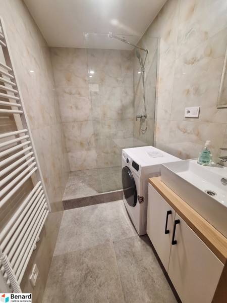 Koupelna s pračkou ve 2pokojovém bytě, s walk-in sprchou a umyvadlem.
