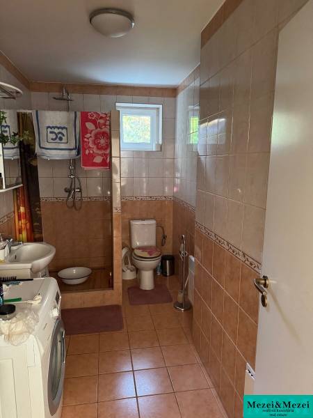 Koupelna s obkladem v rodinném domě, sprchový kout, pračka, WC a umyvadlo.