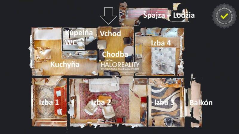 Půdorys 4-pokojového bytu s kuchyní, koupelnou a balkonem.