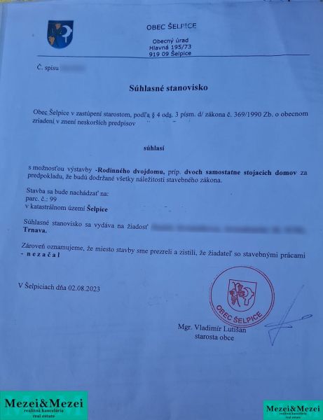Souhlasné stanovisko obce Šelpice pro výstavbu rodinného dvojdomu na pozemcích pro bydlení.