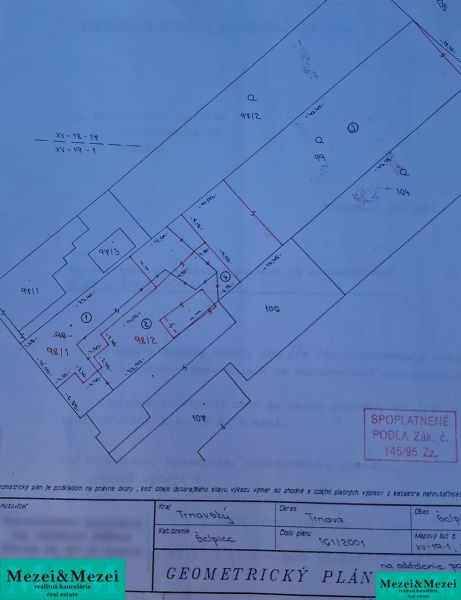 Geometrický plán pro pozemky - bydlení v Šelpiciach s vyznačením parcelních čísel.