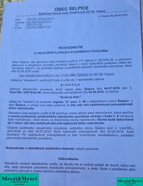 Rozhodnutí obce Šelpice o prodloužení platnosti stavebního povolení.