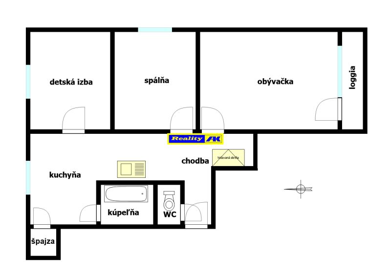 Půdorys 3-pokojového bytu s kuchyní, koupelnou, WC a lodžií.
