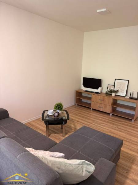 Obývací pokoj s pohovkou, konferenčním stolkem a stolkem s televizorem v garsonce.