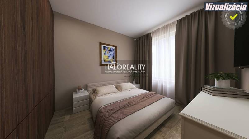 Ložnice v 3-pokojovém bytě s podlahou s dřevěným dekorem, závěsy a dekorativním obrazem.