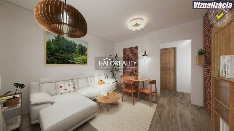 Obývací pokoj ve 3-pokojovém bytě s podlahou s dřevěným dekorem a bílou sedačkou.