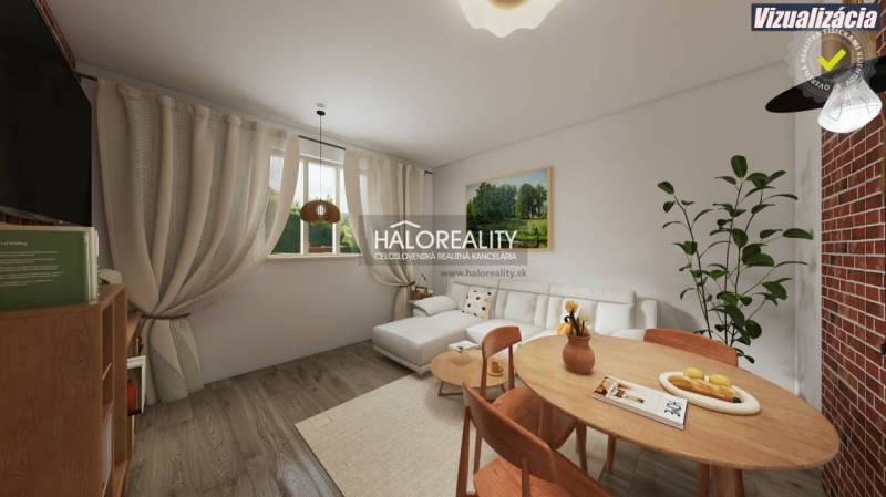 Obývací pokoj v 3-pokojovém bytě s podlahou s dřevěným dekorem, světlým nábytkem a dekorativními prvky.