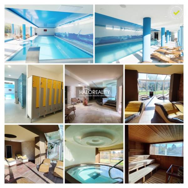 Wellness centrum s bazénem, saunou a relaxačními prostory, podlaha s dřevěným dekorem.