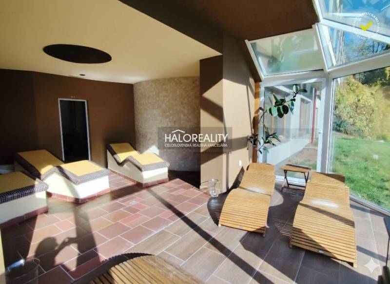 Interiér gastro prostorů s lehátky, prosklenou stěnou a podlahou s dřevěným dekorem.