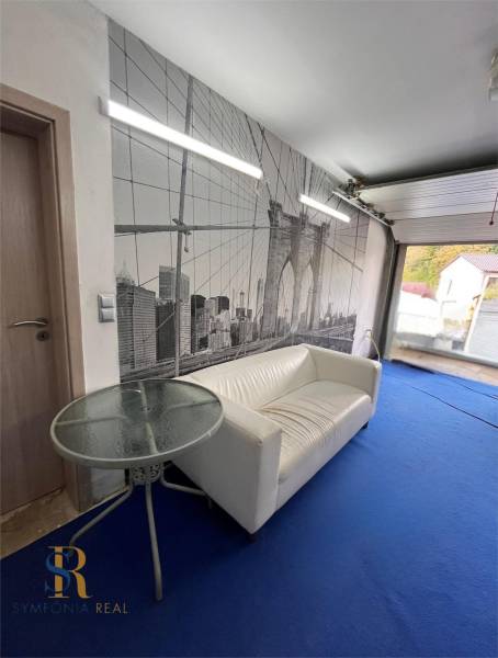 Pokoj v rodinném domě s bílou sedačkou, tapetou mostu a modrým kobercem.