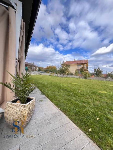 Zahrada rodinného domu na Lipové ulici v Dubové s trávníkem a dlážděným chodníkem.