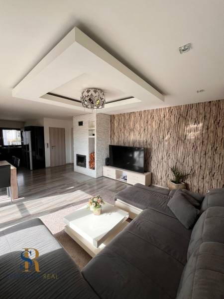 Obývací pokoj v rodinném domě s pohovkou, TV a krbem, podlaha s dřevěným dekorem.