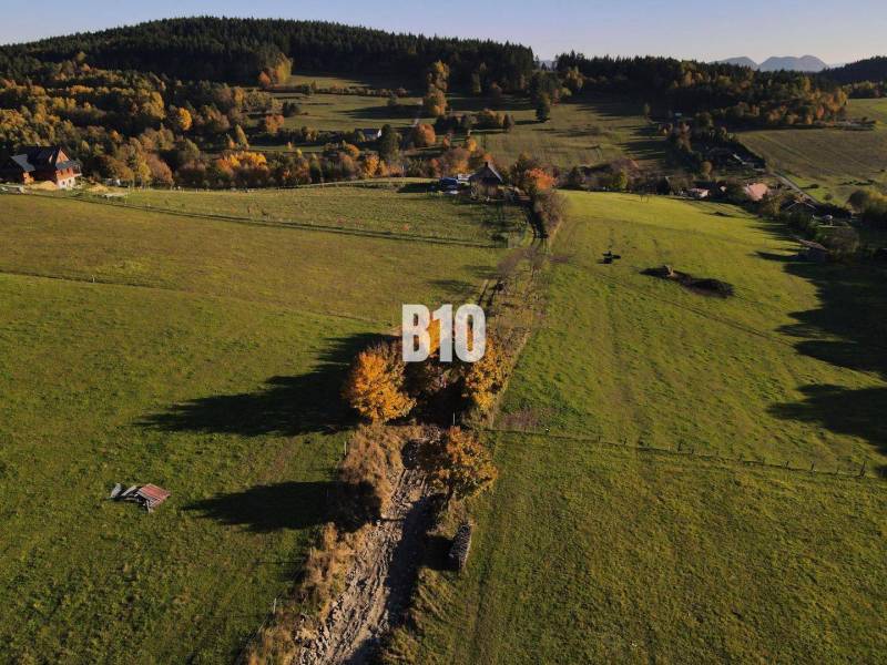 Zeleň a louky v Pozemcích - bydlení v Petrovicích, obklopené stromy a kopci.