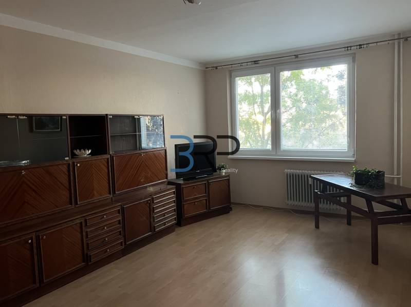 Obývací pokoj v 2pokojovém bytě s podlahou s dřevěným dekorem a nábytkem.