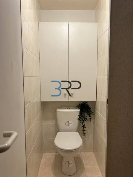 Koupelna se záchodem a skříňkou v 2-pokojovém bytě, neutrální obklad.