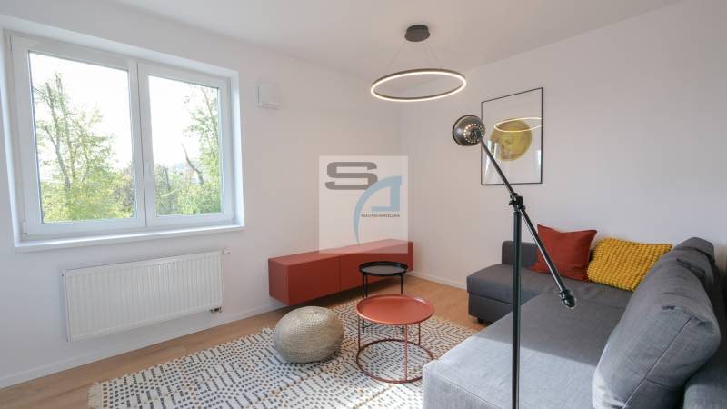 Obývací pokoj v 2pokojovém bytě s podlahou s dřevěným dekorem a pohovkou.