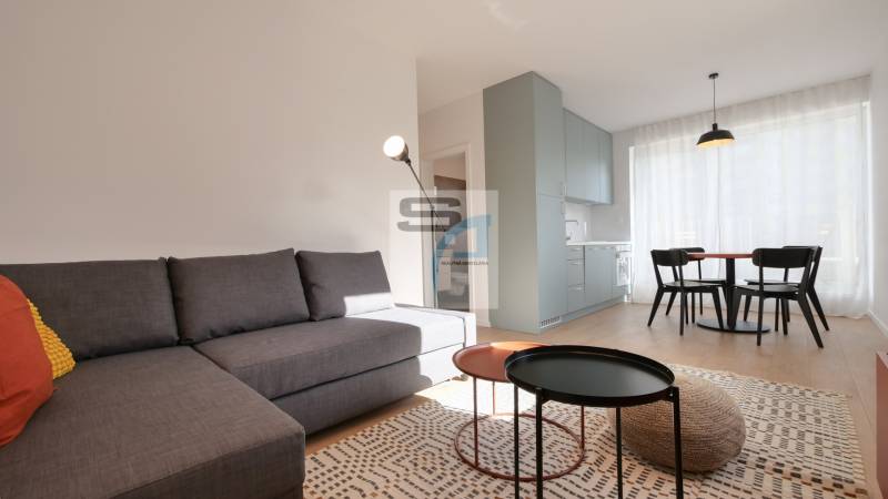 Obývací pokoj v 2-pokojovém bytě s pohovkou, jídelním stolem a podlahou s dřevěným dekorem.