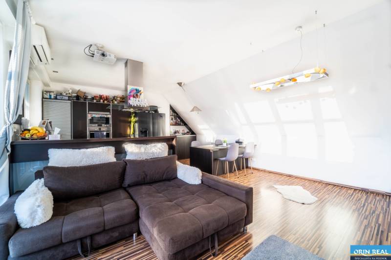 Obývací pokoj s kuchyňským koutem, pohovkou a podlahou s dřevěným dekorem, 2-pokojový byt.