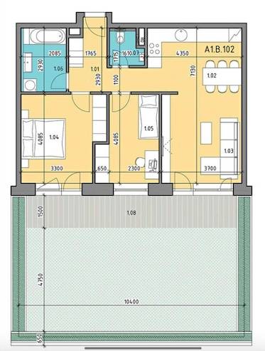 Půdorys zobrazuje uspořádání 3pokojového bytu s koupelnou, kuchyní a terasou.