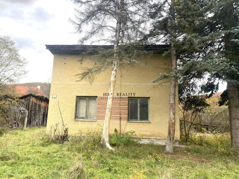 Rodinný dům v Rykynčicích, obklopený stromy se svažitým pozemkem a dřevěnou přístavbou.