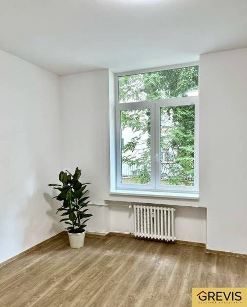 Pokoj se světlými stěnami, velkým oknem, podlahou s dřevěným dekorem a rostlinou ve 4-pokojovém bytě.