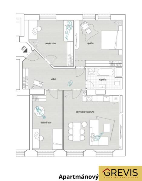 Půdorys 4-pokojového bytu s otevřeným obývacím pokojem, kuchyní a koupelnou.