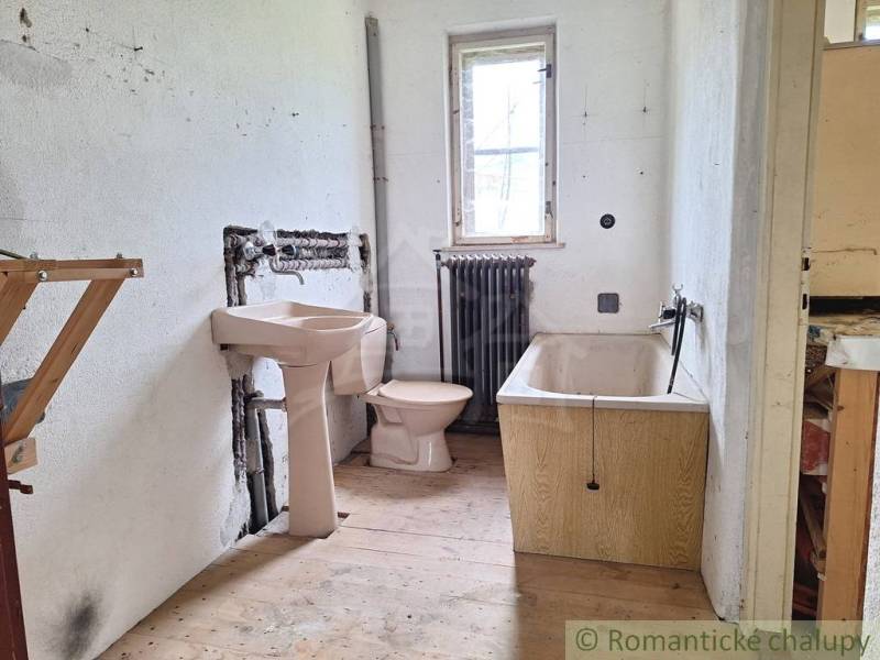 Koupelna v rodinném domě se sedací vanou, radiátorem a podlahou s dřevěným dekorem.