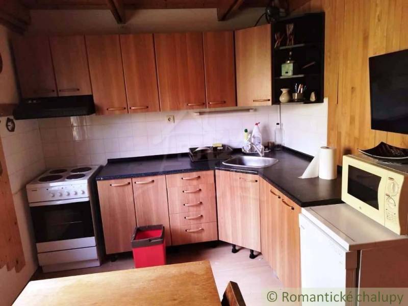 Kuchyně v chatě s podlahou s dřevěným dekorem, varnou deskou a mikrovlnkou.