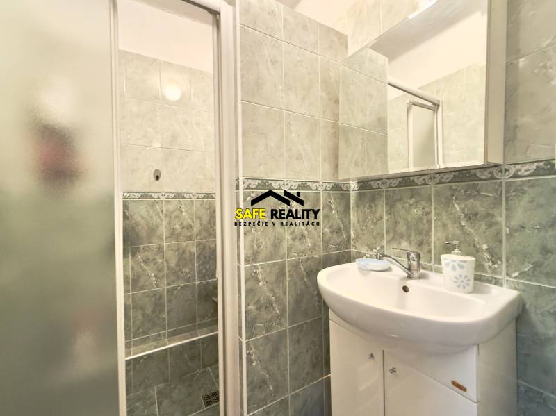 Koupelna s umyvadlem a sprchovým koutem v rodinném domě.