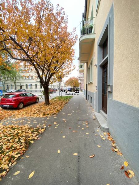 Podzimní ulice Drevny trh v Košicích, Staré Město, lemovaná stromy s padajícím listím.