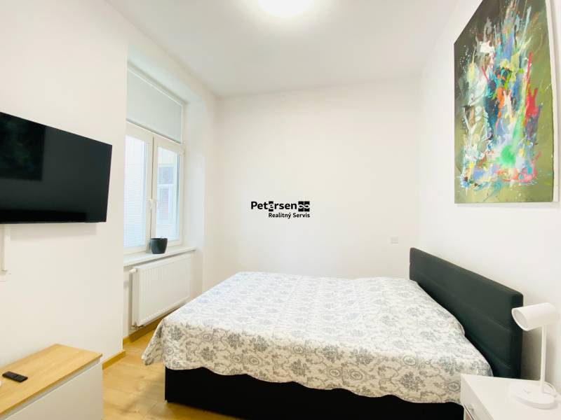 Ložnice s televizí, postelí a abstraktním obrazem ve dvoupokojovém bytě.