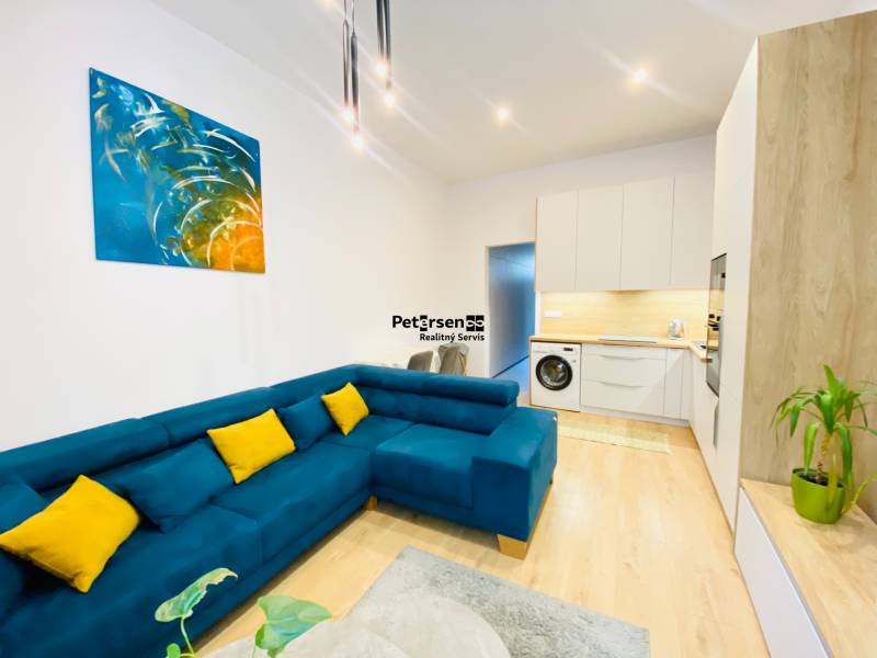 Obývací pokoj dvoupokojového bytu s modrou sedačkou a podlahou s dřevěným dekorem.