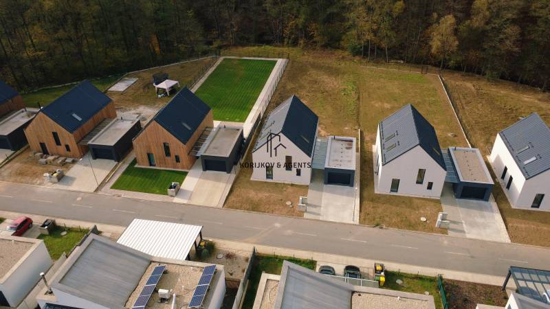 Řadové rodinné domy na ulici Pod Drieňovou v Kamenici nad Cirochou obklopené zelení.